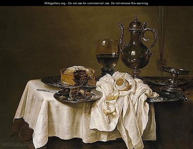 Still Life With A Roemer, A Silver Tazza, A Knife And A Sliced Lemon On A Pewter Plate, A Pie On A Pewter Plate, A Flute, Wine-glass And A Silver Pitcher, Together With A Lemon, All Arranged On A Table - Willem Claesz. Heda