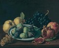 Still Life Of Figs In A Ceramic Bowl, Together With Pomegranates, Grapes And Apples On A Wooded Table Top - Jose Lopez-Enguidanos