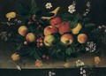 A still life of apples, lemons, raspberries, blackberries and cherries, with tulips - Spanish School