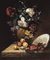 Sill life of flowers in a sculpted vase, strawberries in an upturned porcelain bowl - (after) Rachel Ruysch