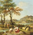 An Italianate Landscape With Figures Washing In A River - Giovanni Battista Tiepolo