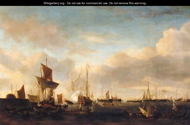 A Port Scene With Dutch Vessels At The End Of A Pier With Yachts And Other Small Vessels Offshore - Peter van den Velde