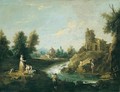 A River Landscape With A Fisherman And Women In The Foreground, A Woman Carrying Water Towards A House Beyond - Giuseppe Zais