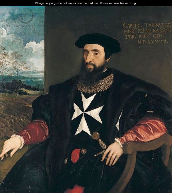 Portrait Of Gabriele Tadino (1480-1544), Three-Quarter Length Seated, Wearing The Robes Of The Order Of The Knights Of Malta, A Landscape With Cannons Beyond - (after) Tiziano Vecellio (Titian)