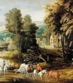 Landscape With Waggoners Beside A River, With A Village Beyond - (after) Joos De Momper