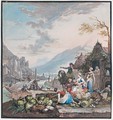 A Market Scene With Figures By A Quayside And A Mountainous River Landscape Behind - Willem Troost
