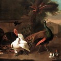 A Peacock With A Turkey, Hen And Chicks And A Swallow Startled By A Bird Of Prey In An Ornamental Garden - (after) Melchior D'Hondecoeter