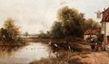 River Landscape With Figures By An Inn - Frederick Waters Watts