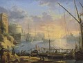 A Mediterranean Harbour Scene At Sunset With Boats Moored At A Quay In The Foreground - (after) Abraham Casembrot