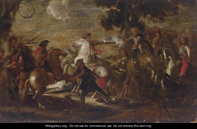A Cavalry Battle Scene In A Wooded Landscape - (after) Cornelis De Wael ...