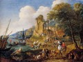 Fishermen Landing Their Catch, With Travellers On A Road Before A Classical Ruin And A Town - Pieter Bout