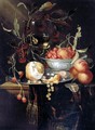 Still Life Of A Peeled Lemon With Prawns And Whitecurrants On A Pewter Dish, With Peaches And Fraises-De-Bois In A Blue-And-White Porcelain Bowl, Cherries And A Roemer, All Upon A Table Partly Draped With A Brown Cloth - Harmen Loeding