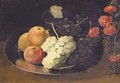 Still Life With Grapes And Apples On A Pewter Plate And A Glass With Carnations - Jacob Fopsen van Es