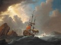 An English Man-Of-War In Three Positions Negotiating A Channel In Heavy Seas - (after) Cornelis Van De Velde