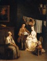 An Interior With A Boy-Servant Bringing A Young Lady A Bonnet, An Elderly Lady Seated Nearby And A Maid Hanging Laundry Beyond ('La Modista') - Pietro Longhi