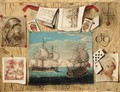 Trompe L'Oeil Still Life With Various Prints, Playing Cards And Drawings, Against A Pine Background - French School