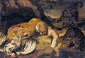 A Fox Guarding A Chicken From Two Cats - (after) Pieter De Vos