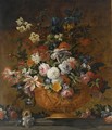 A Still Life With Roses, Tulips, Irisses, Poppy Anemones, Auricula, Hyacinths And Other Flowers, All In A Terracotta Sculpted Vase - (after) Jean-Baptiste Monnoyer