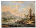 An Extensive Rhenish River Landscape With Figures Unloading Their Boats Before A Town - (after) Christian Georg II Schutz Or Schuz