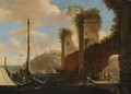 Harbor Scene With Ships, Ruins And Figures By An Archway - (after) Filippo (Il Napoletano) D