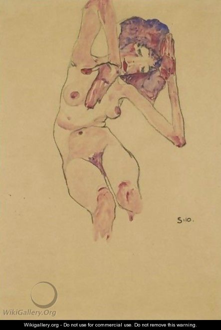 Sitzender Frauenakt Mit Geneigtem Kopf Und Erhobenen Armen (Seated Female Nude With Tilted Head And Raised Arms) 2 - Egon Schiele