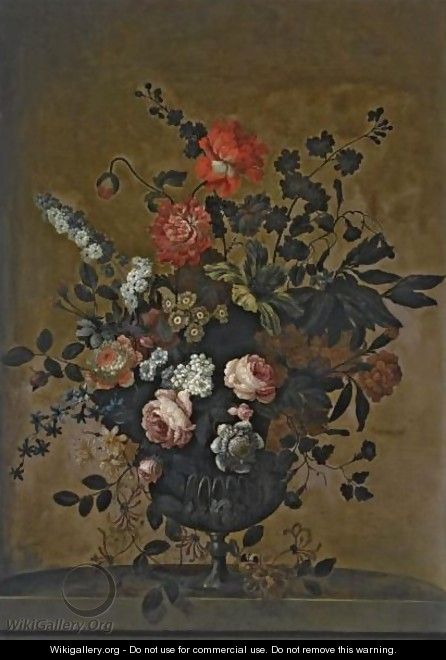 A Still Life With Roses, Tulips And Other Flowers In A Stone Vase On A Stone Ledge - (after) Jean-Baptiste Monnoyer
