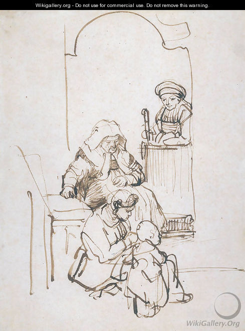 Three Women and a Child at the Door - Rembrandt Van Rijn