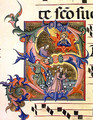 Ms 572 f.32v Historiated initial 'S' depicting the stoning of St. Stephen - Don Simone Camaldolese