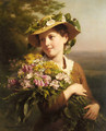 A Young Beauty holding a Bouquet of Flowers - Fritz Zuber-Buhler