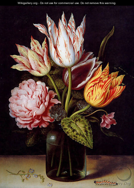 A Still Life With A Bouquet Of Tulips, A Rose, Clover And A Cylclamen In A Green Glass Bottle - Ambrosius the Elder Bosschaert